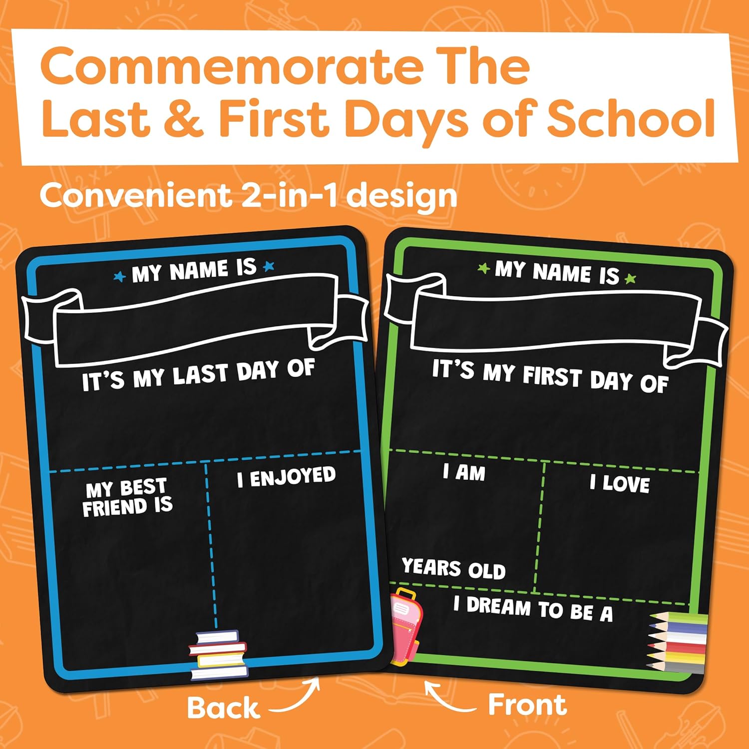 School sign with liquid chalk markers held by child on first day of school 2026