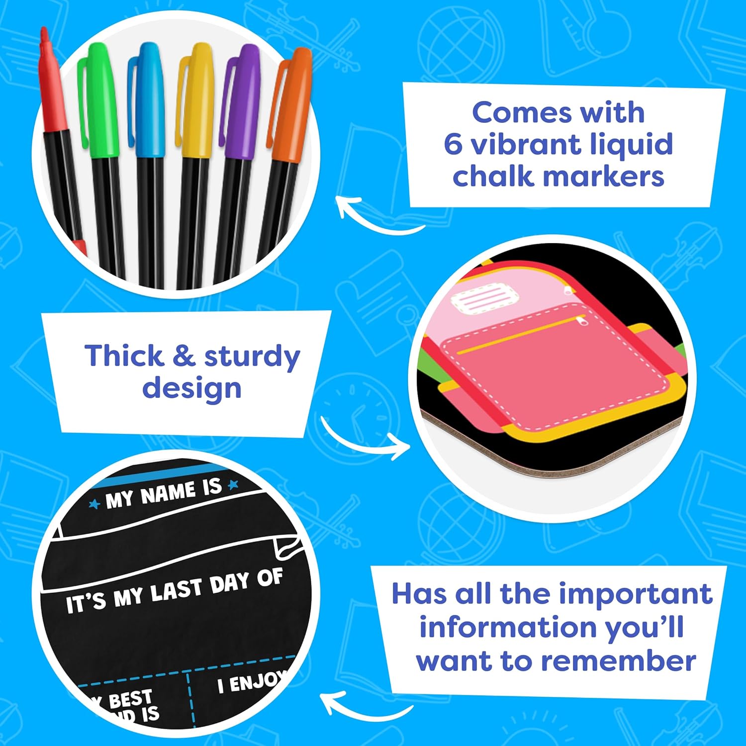 Non-toxic liquid chalk markers included with reusable school sign set